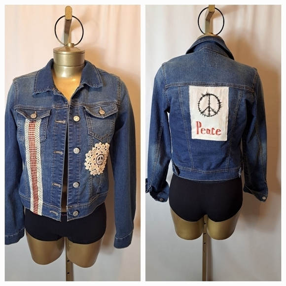 Wax Jean Upscaled Jean Jacket With Hand Painted Peace Sign And Crocheted Accents - Picture 1 of 7